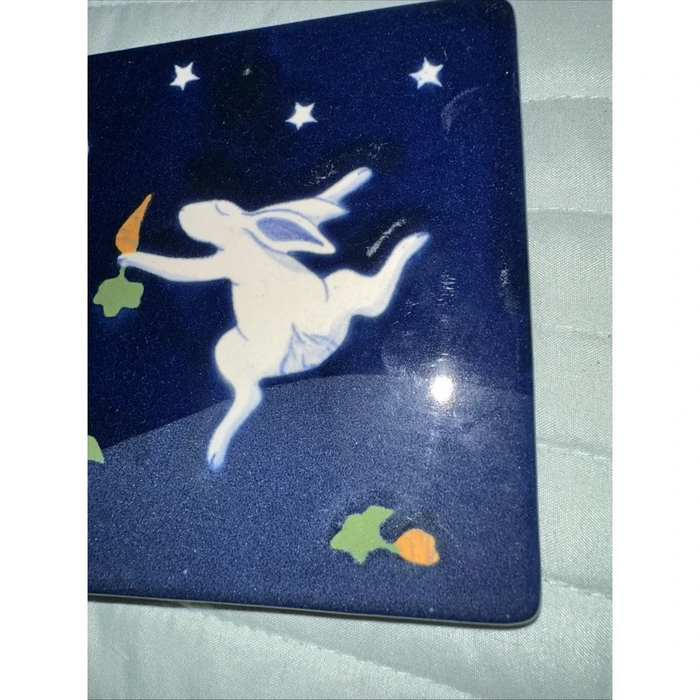 Karen Howell Ceramic Tile Trivet Dancing Rabbit Cobalt Blue Moon 1/4